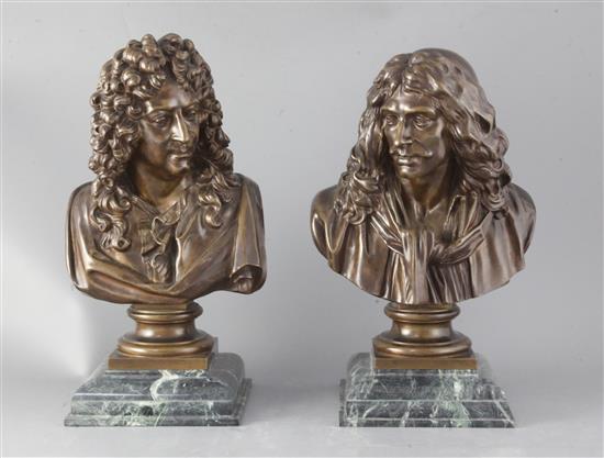 A pair of French bronze busts of Voltaire and Moliere, tallest 13.25in.